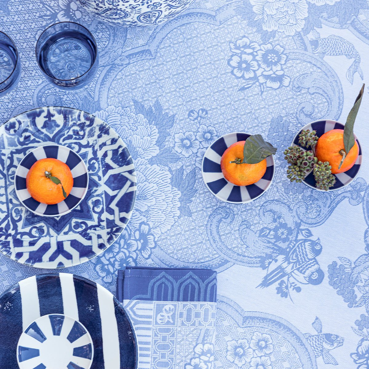Promenade Impériale Lapis Blue Tablecloths by Le Jacquard Francais at Fig Linens and Home - Detail 2