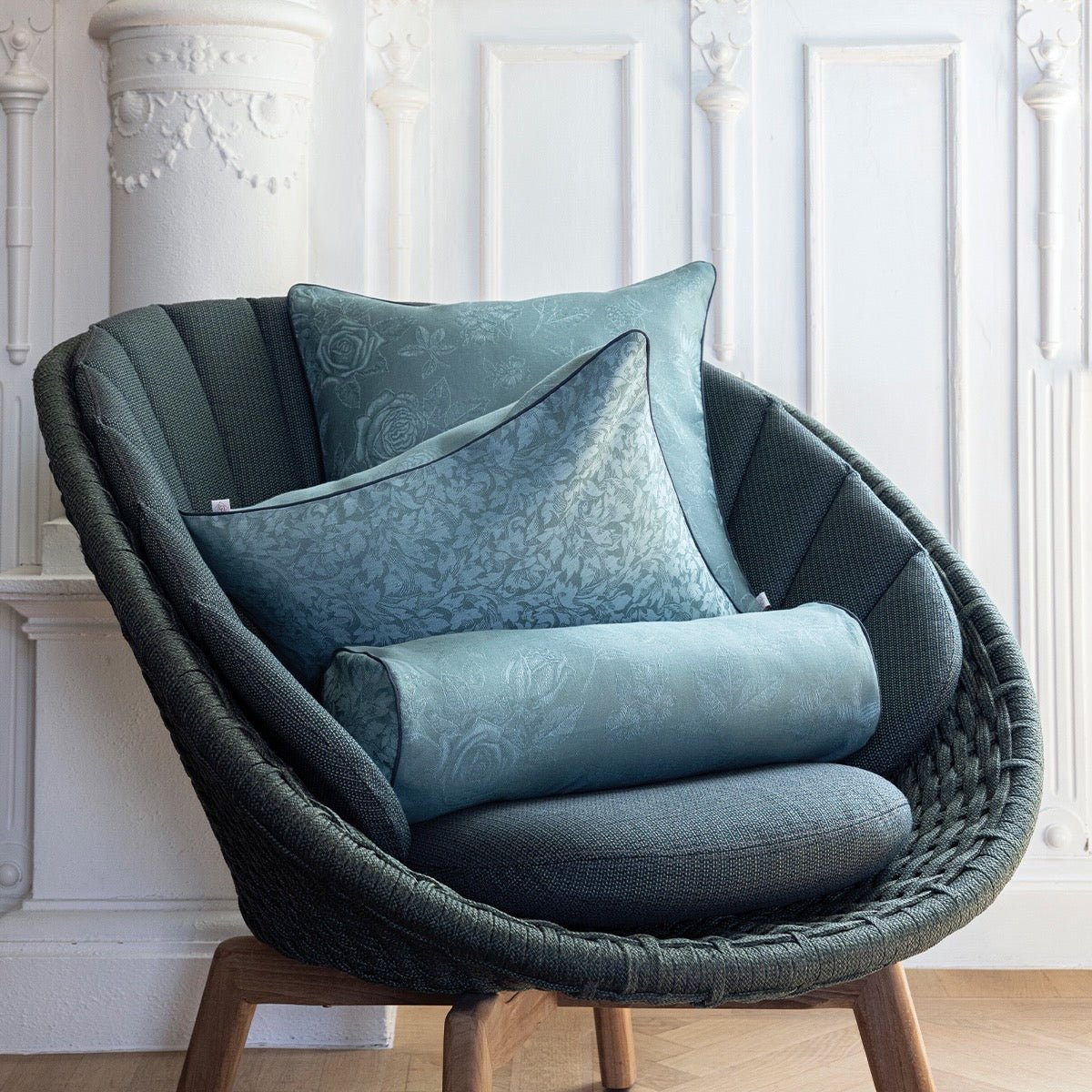 Romance Green Cushion Cover by Le Jacquard Francais at Fig Linens and Home 1