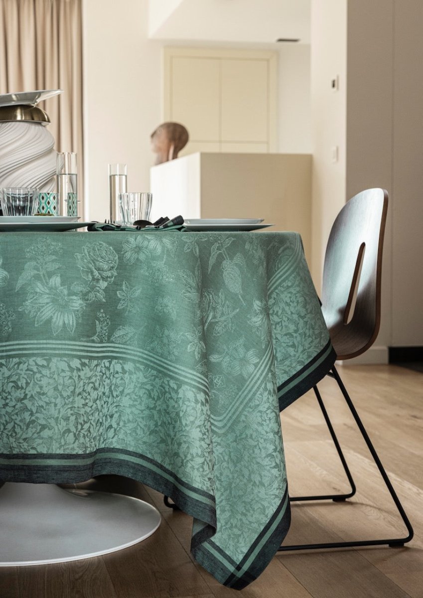 Romance Green Tablecloth By Le Jacquard Francais at Fig Linens and Home | Green Table Linens 8