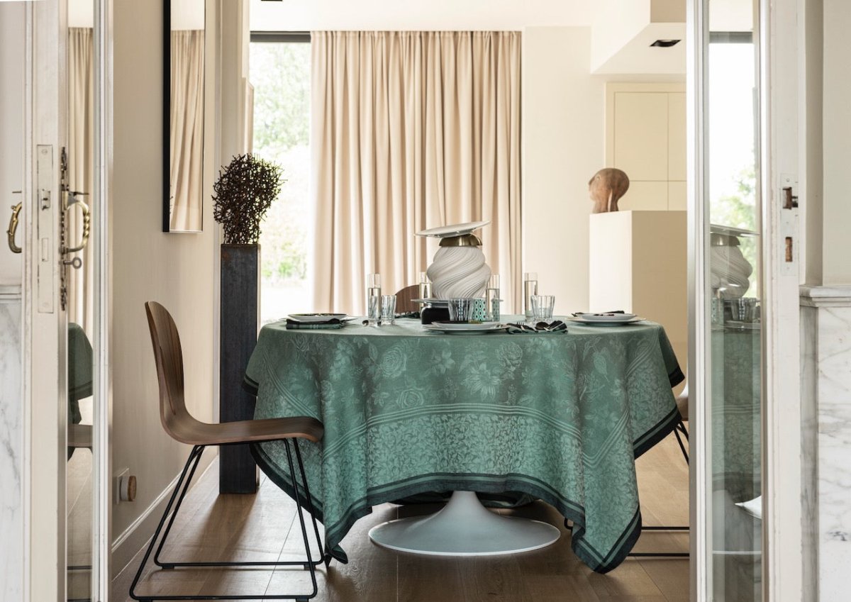 Romance Green Tablecloth By Le Jacquard Francais at Fig Linens and Home | Green Table Linens 9