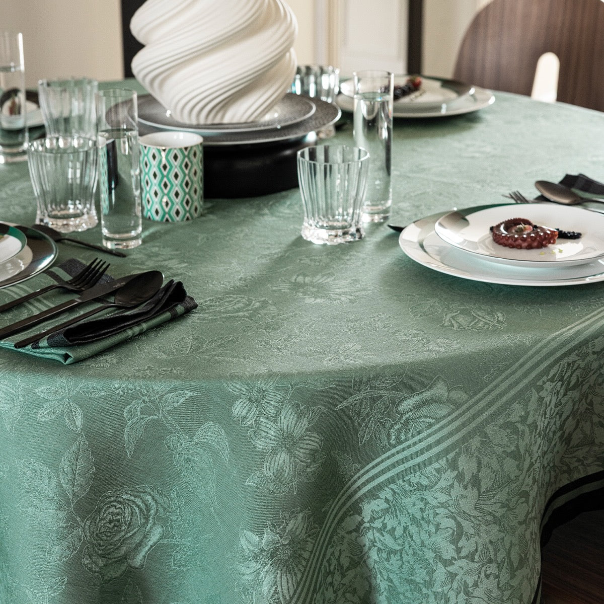 Romance Green Tablecloth By Le Jacquard Francais at Fig Linens and Home | Green Table Linens 4
