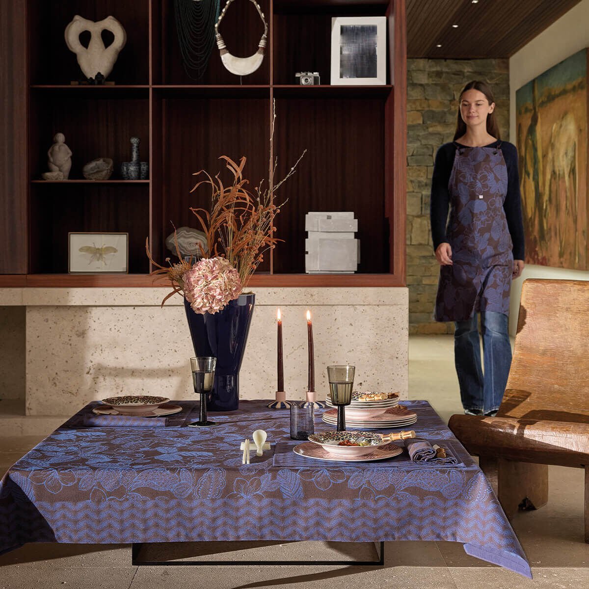 Sulawesi Blue Tablecloth by Le Jacquard Français at Fig Linens and Home - Lifestyle View 2