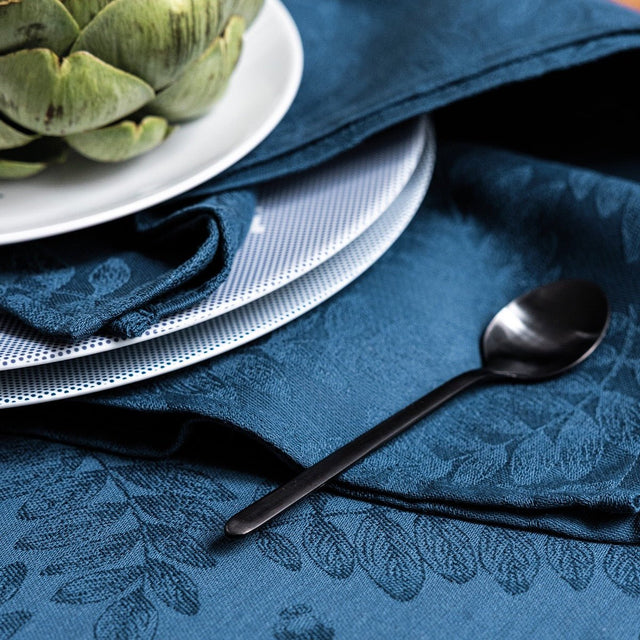 Vegetal Mood Myrtille Blue Tablecloth By Le Jacquard Francais at Fig Linens and Home 1