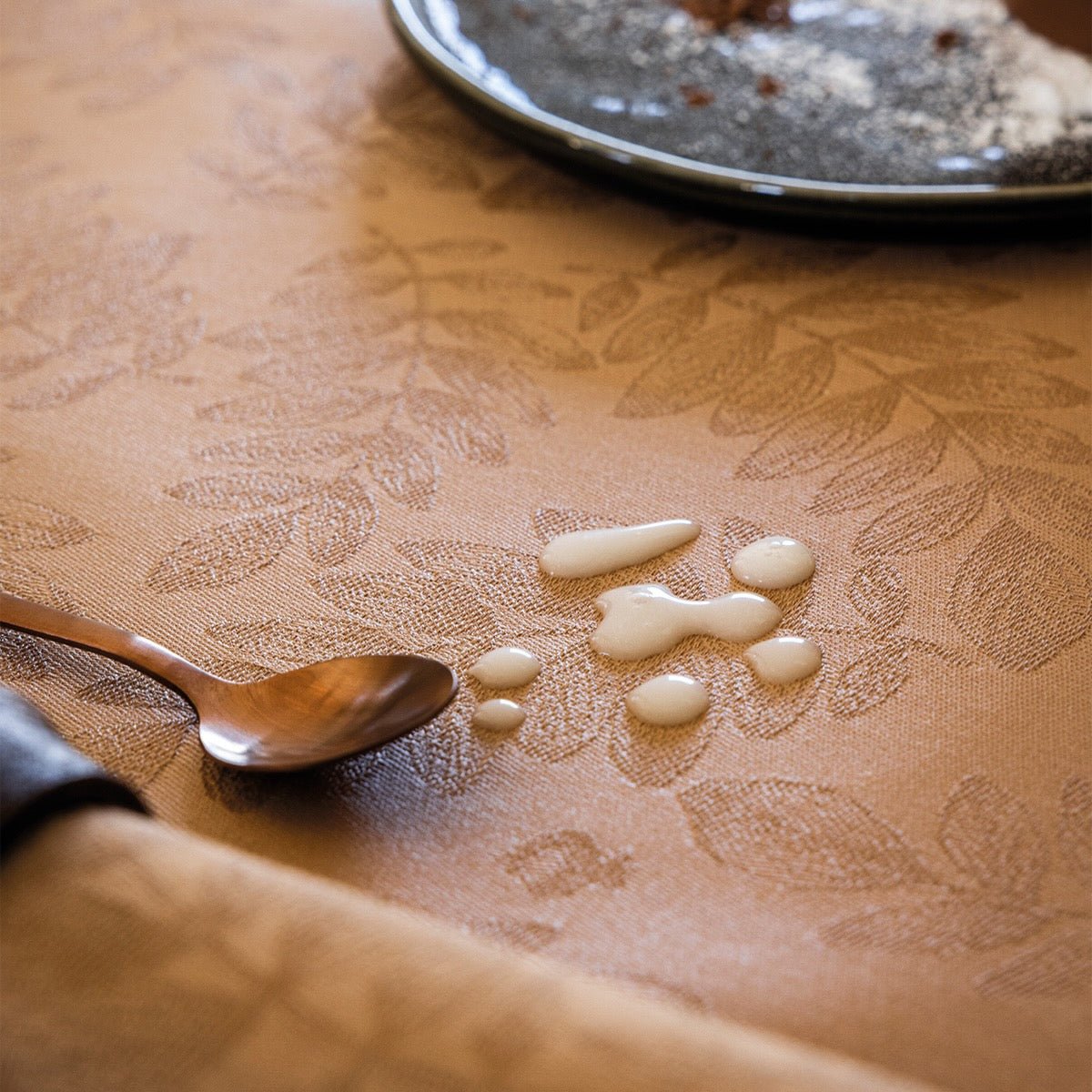 Vegetal Mood Brown Tablecloth By Le Jacquard Francais at Fig Linens and Home 2