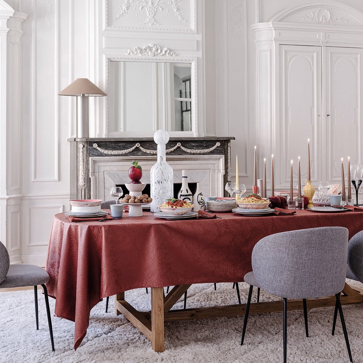 Vegetal Mood Goji Red Tablecloth By Le Jacquard Francais at Fig Linens and Home 1