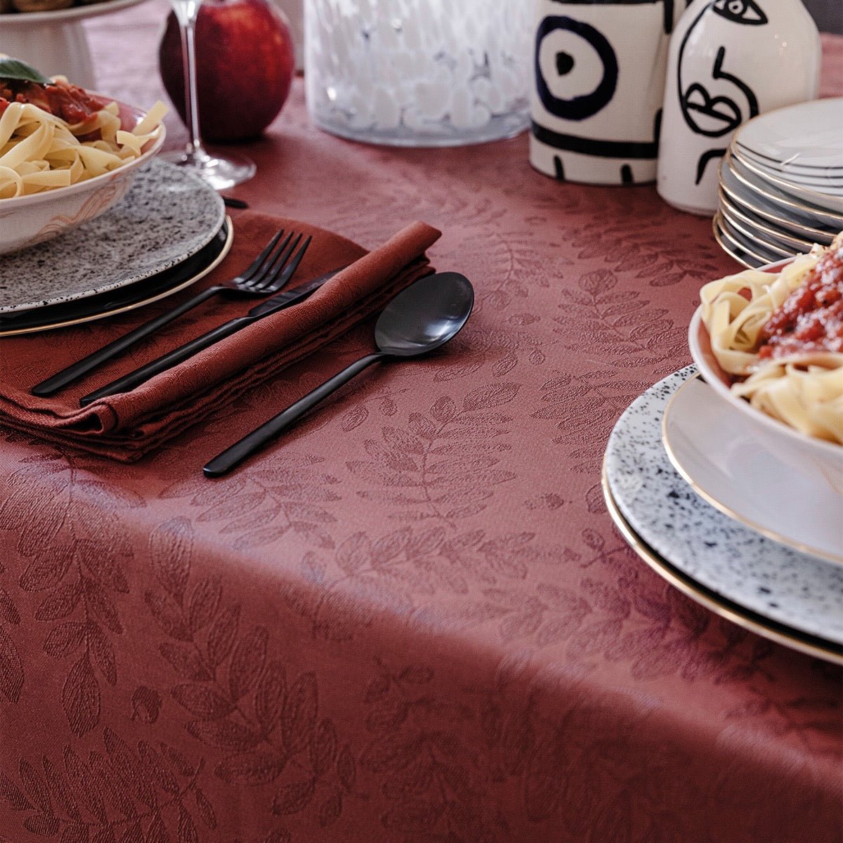 Vegetal Mood Goji Red Tablecloth By Le Jacquard Francais at Fig Linens and Home 2
