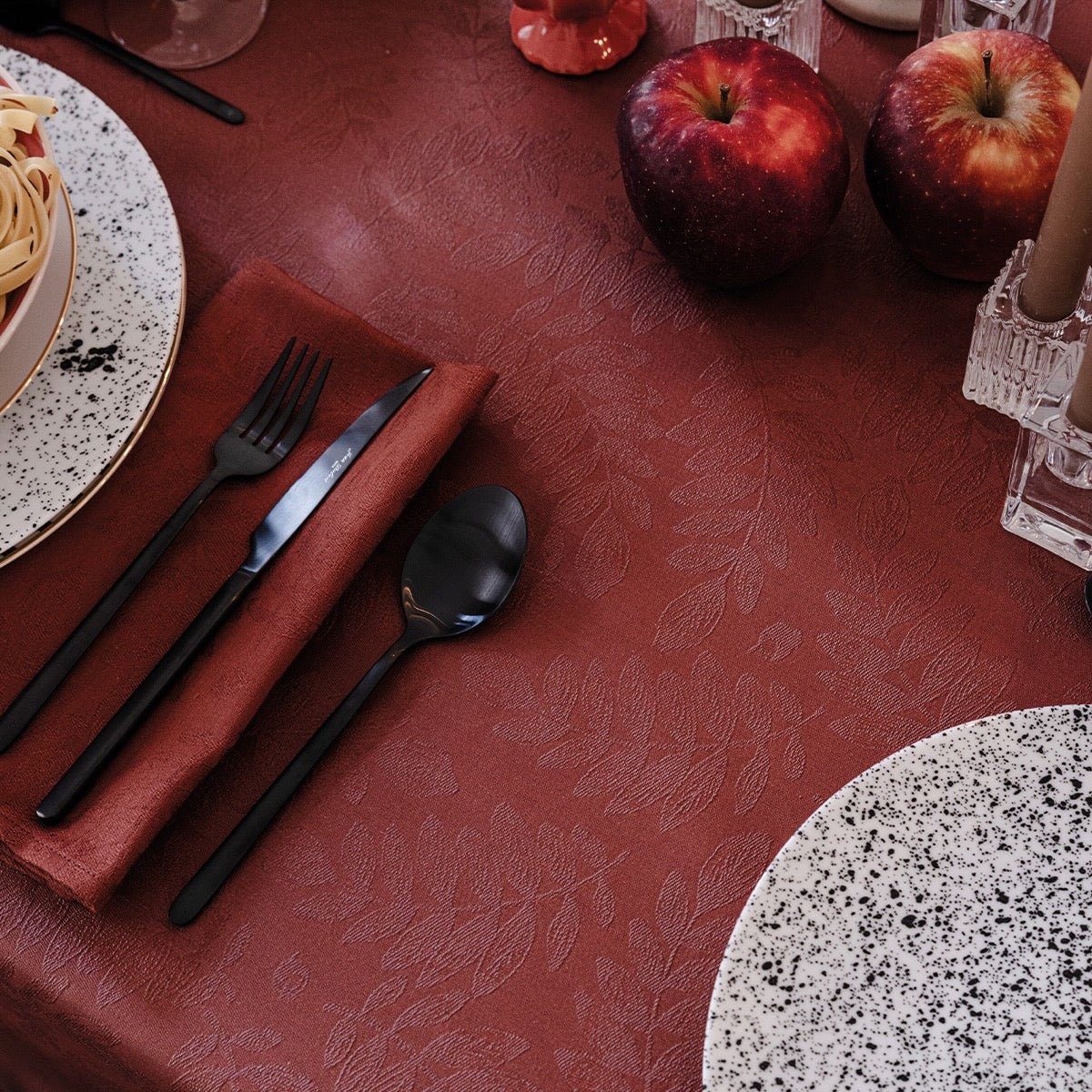 Vegetal Mood Goji Red Tablecloth By Le Jacquard Francais at Fig Linens and Home 5