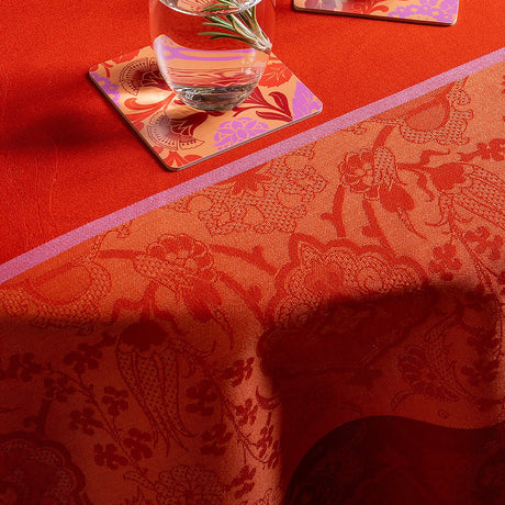 Voyage Iconique Enduit Red Coated Tablecloth By Le Jacquard Francais - Outdoor Table Linens 2