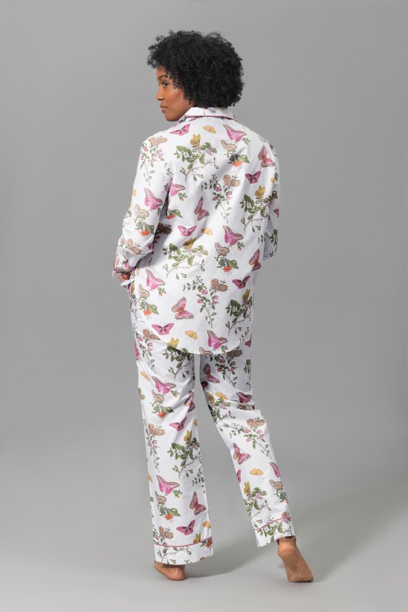 Pajamas - Matouk Baudin Butterfly Pink Pj's on Model - Back 1 at Fig Linens and Home