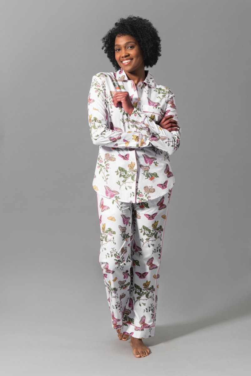 Pajamas - Matouk Baudin Butterfly Pink Pj's on Model - Front 1 at Fig Linens and Home