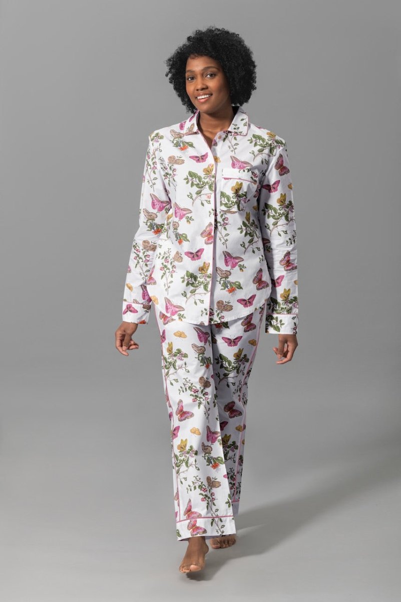 Pajamas - Matouk Baudin Butterfly Pink Pj's on Model - Front 2 at Fig Linens and Home