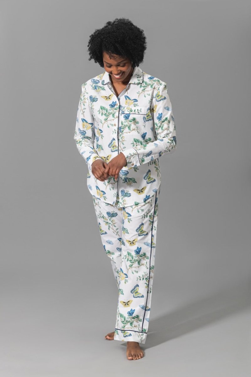 Pajamas - Matouk Baudin Butterfly Sea Blue Pj's on Model - Front 3 at Fig Linens and Home