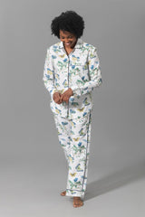 Pajamas - Matouk Baudin Butterfly Sea Blue Pj's on Model - Front 3 at Fig Linens and Home