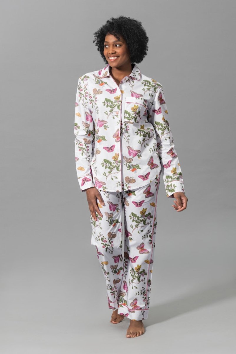 Pajamas - Matouk Baudin Butterfly Pink Pj's on Model - Front 3 at Fig Linens and Home