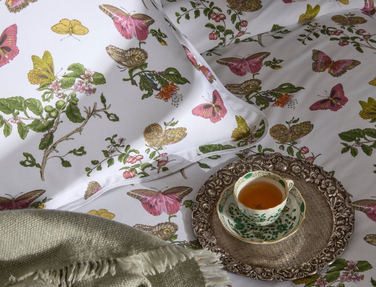 Baudin Butterfly Pink Bedding by Matouk Schumacher Pink King Flat Sheet 114 x 112 at FIG LINENS AND HOME 2