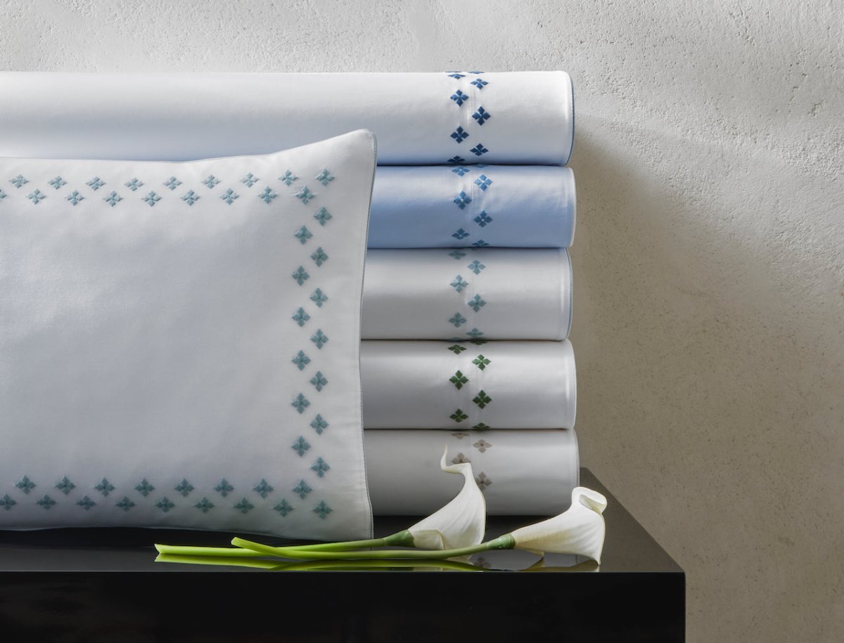 Matouk Casablanca Percale Bedding at Fig Linens and Home - Stack of Embroidery Colors 2
