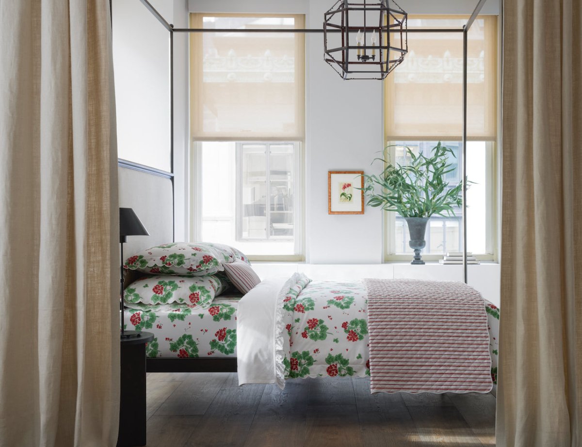 Georgia Ruffled Bedding by Matouk at Fig Linens and Home - Lifestyle view 8 shown with Geranium
