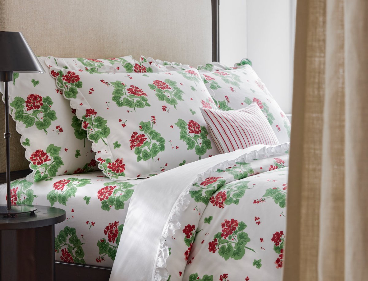 Georgia Ruffled Bedding by Matouk at Fig Linens and Home - Lifestyle view 6 shown with Geranium