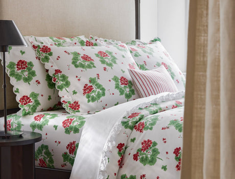 Georgia Ruffled Bedding by Matouk at Fig Linens and Home - Lifestyle view 6 shown with Geranium