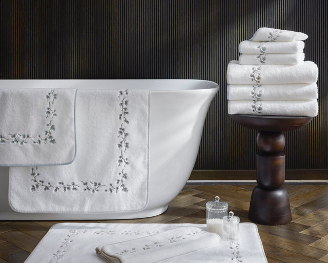 Matouk Jasmine Giza Terry Towels in a Stack - Lifestyle 2 at Fig Linens and Home
