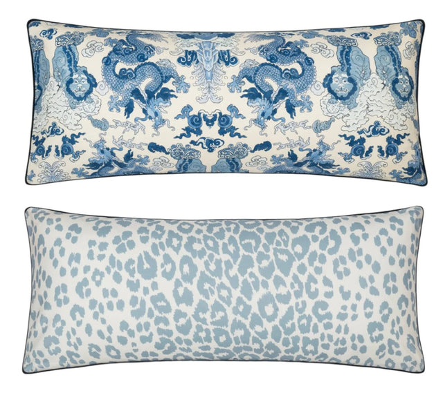Matouk Reversible Lumbar Pillow Cover 16 x 36 Magic Mountain Porcelain Blue/Iconic Leopard Sky