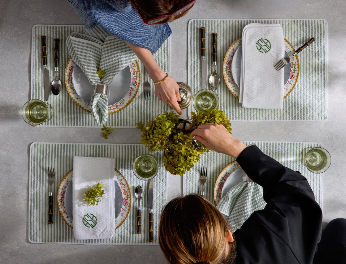 Matouk Placemats - Matteo Seersucker Placemats in Lifestyle Table Setting 1 at Fig Linens and Home