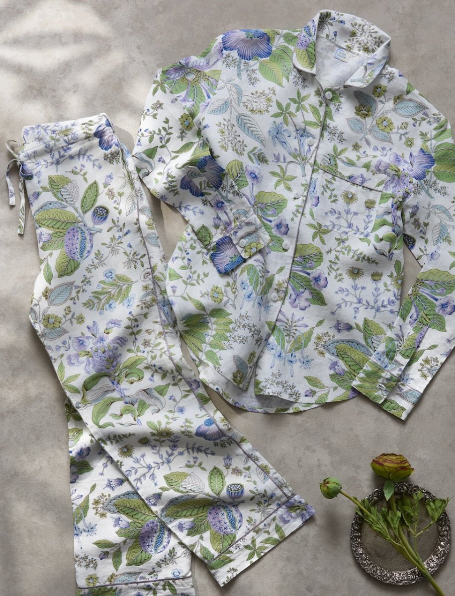 Matouk Pajamas - Pomegranate Lilac Roman 100% Linen PJ's at Fig Linens and Home - Lifestyle Photo 2