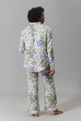 Matouk Pajamas - Pomegranate Lilac Roman 100% Linen PJ's at Fig Linens and Home - Model Back View