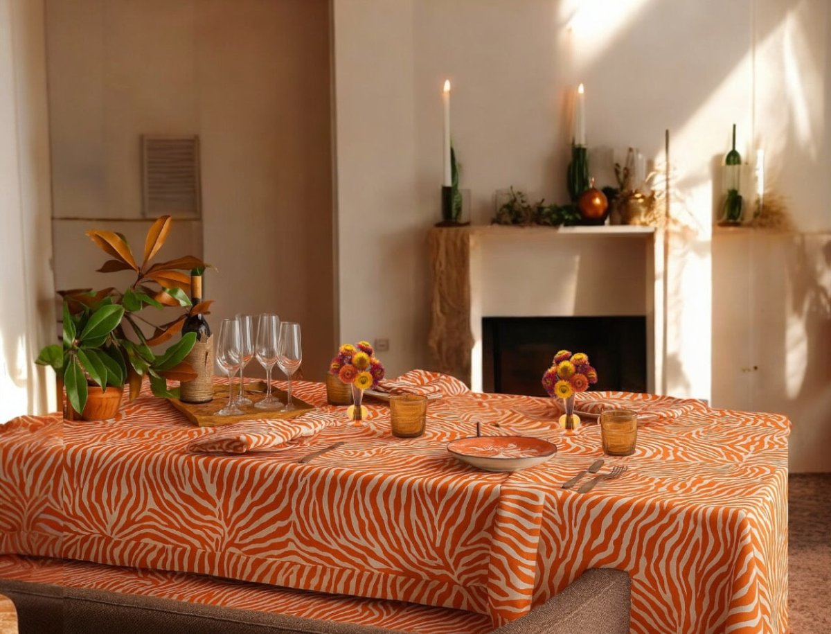 Regine Persimmon Tablecloths | Matouk Schumacher at Fig Linens and Home - Lifestyle Photo