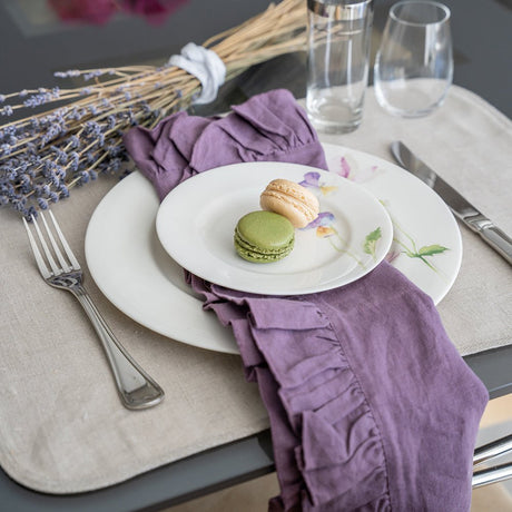 Lucca Eggplant Napkin Lifestyle | Mode Living at Fig Linens and Home