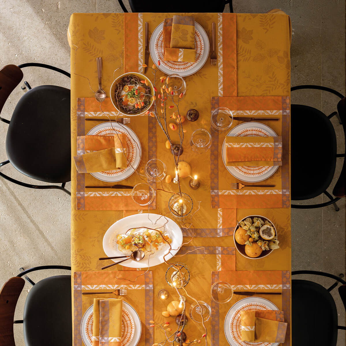 Manor Lane Orange Tablecloth by Le Jacquard Français