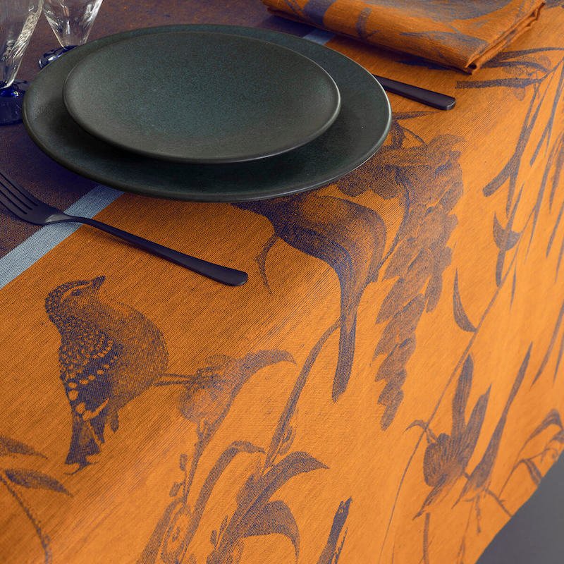 Voliere Blue Table Linens | Le Jacquard Francais Holiday Tablecloth
