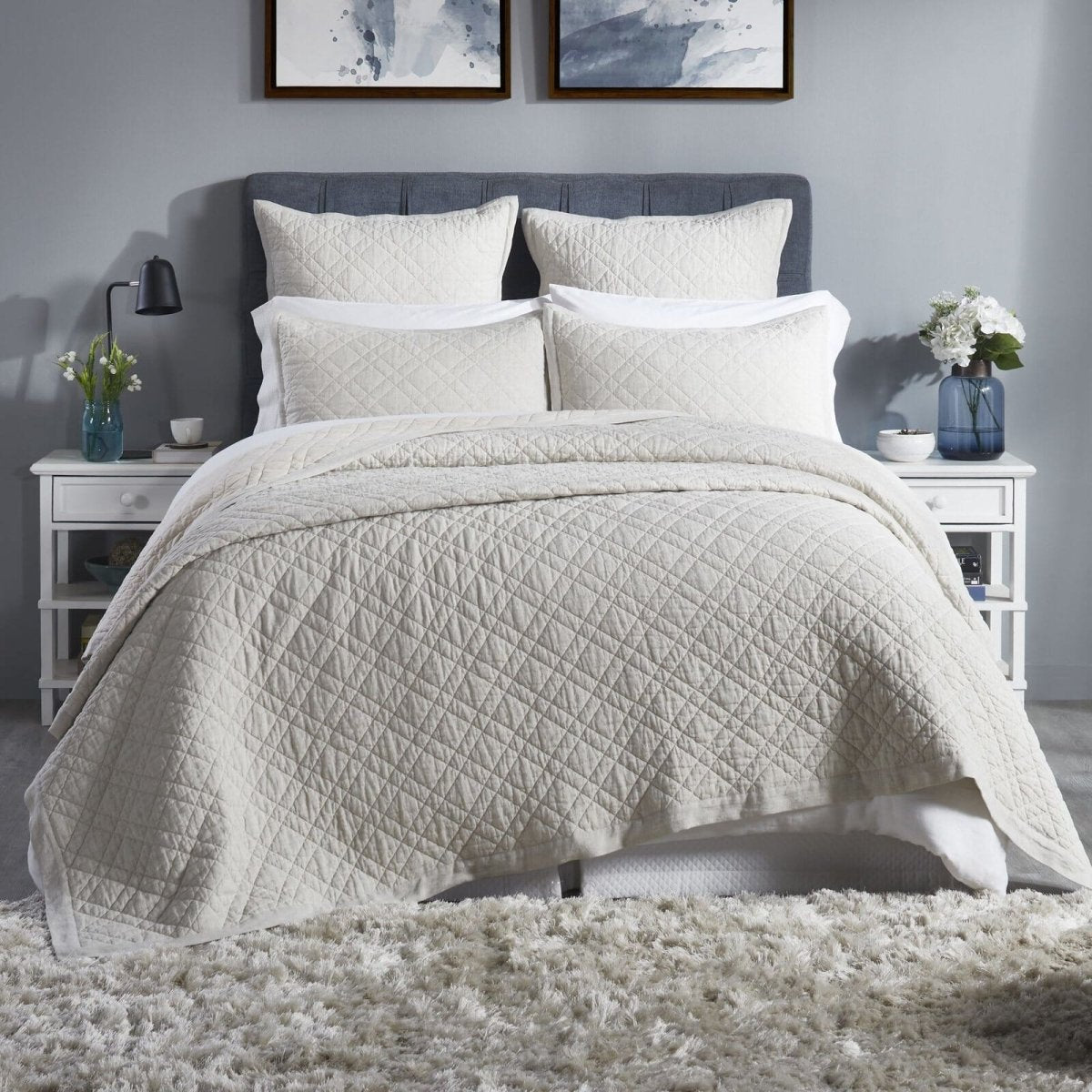 Orchids Lux Chloe European Linen Diamond Coverlet - Queen - Beige - 1