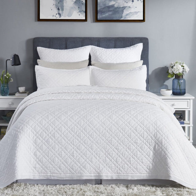 Orchids Lux Chloe European Linen Diamond Coverlet - Queen - White - 1