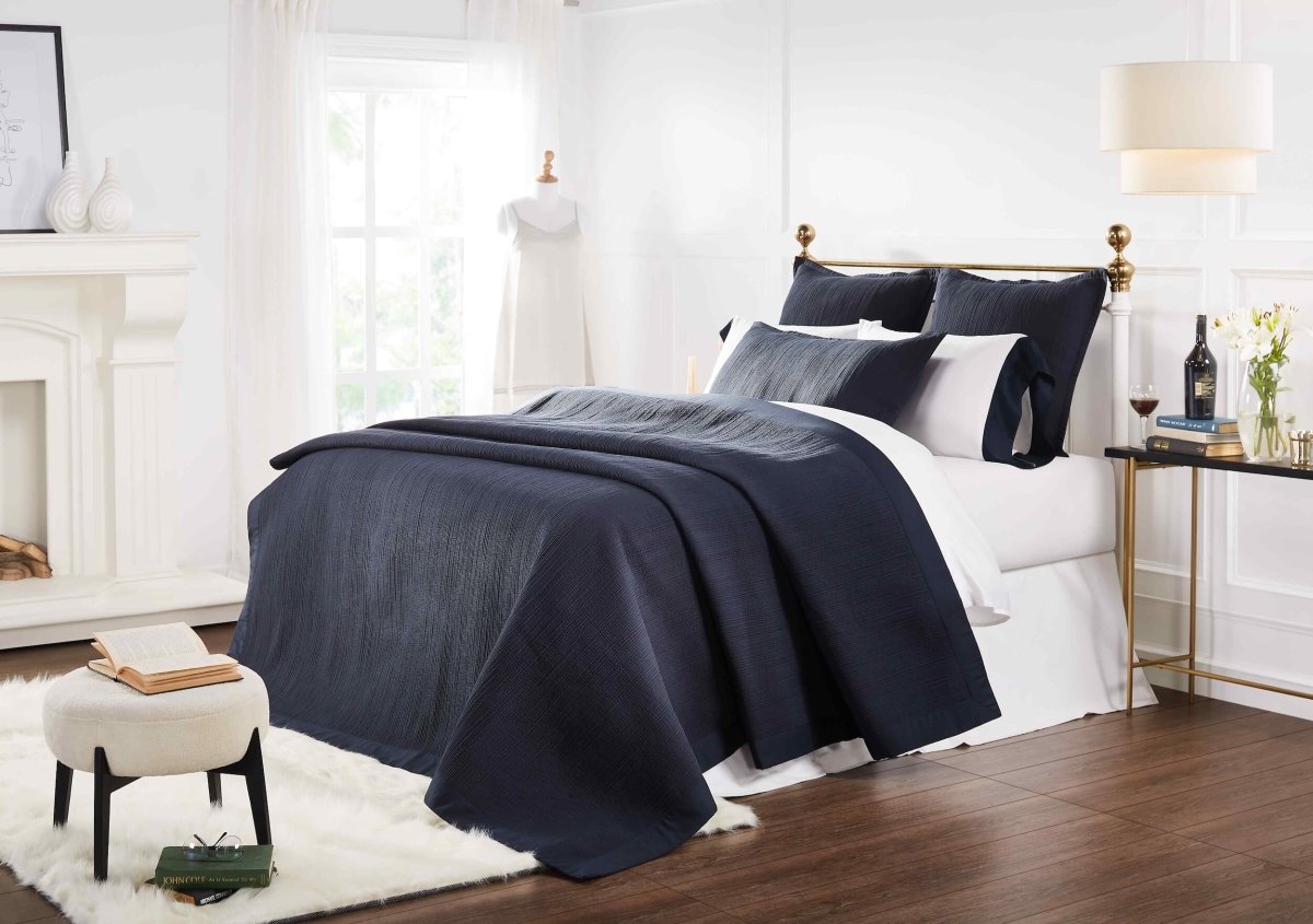 Orchids Lux Laela Channel Stitch Cotton Coverlet - King - Navy - 2