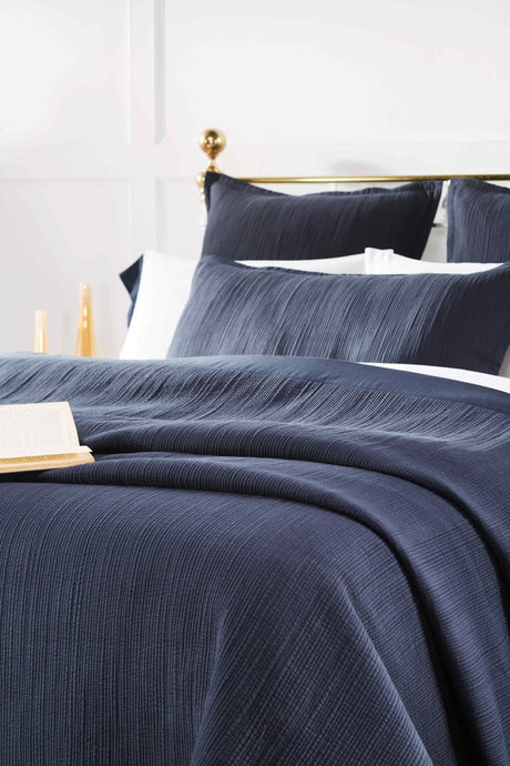 Orchids Lux Laela Channel Stitch Cotton Coverlet - Queen - Navy - 3
