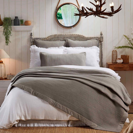 Orchids Lux Laela Channel Stitch Cotton Coverlet - Queen - Pewter - 1