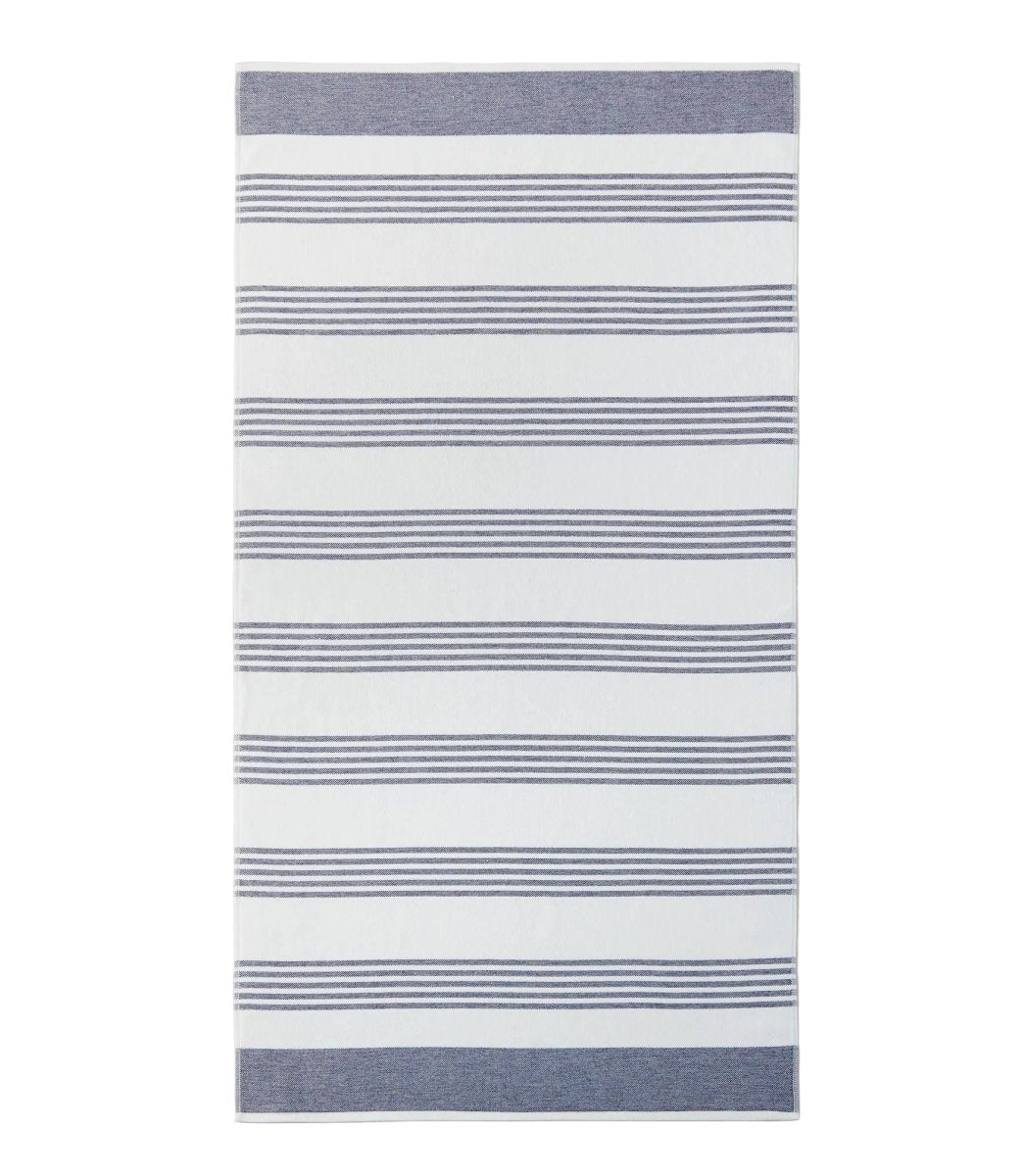 Navy Blue Pool Towel - Open - Aegean Stripe Beach Towel by Peacock Alley at Fig Linens and Home