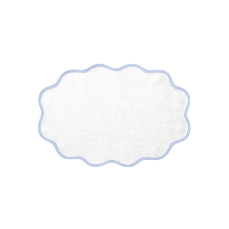 Matouk Placemat - Scallop Edge Oval Placemat in White and Ice Blue