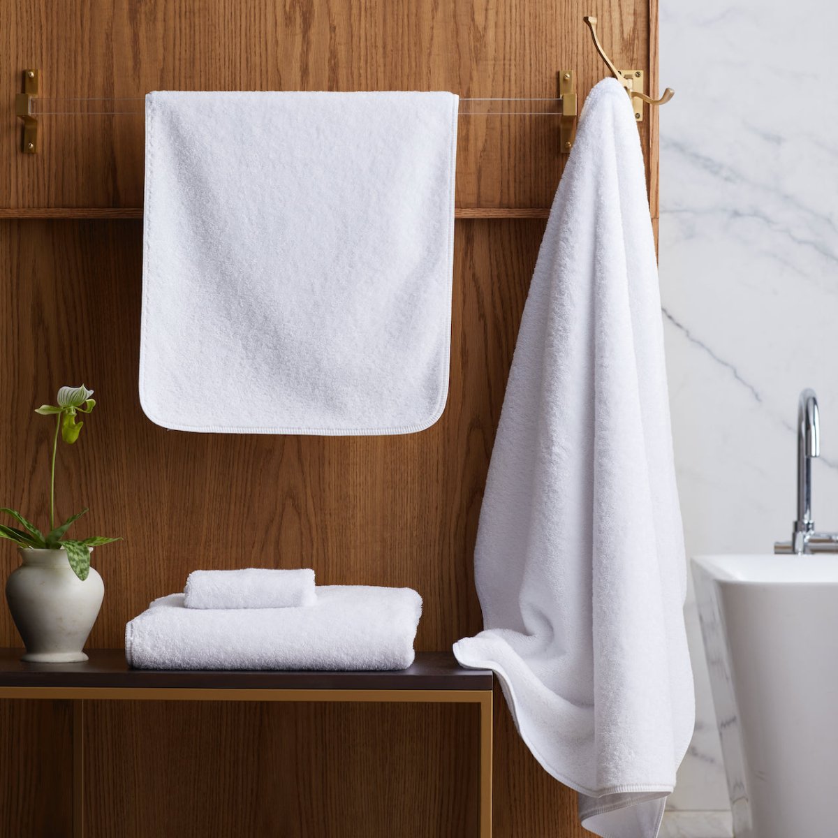 Indulgence Bath Towels by Scandia Home | Fig Linens and Home - Lifestyle View with White Towels