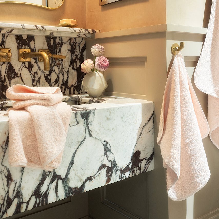 Scandia Home Indulgence Towels at Fig Linens and Home - Lifestyle shown with Blossom Pink