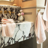 Scandia Home Indulgence Towels at Fig Linens and Home - Lifestyle shown with Blossom Pink