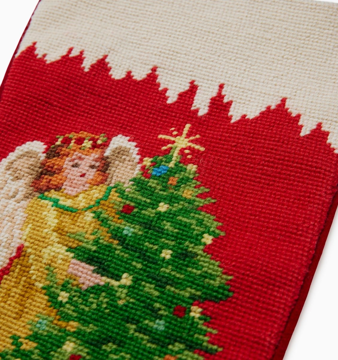 Angle Mom Stocking in Red by Sferra Linens | Needlepoint Detail of Holiday Stocking