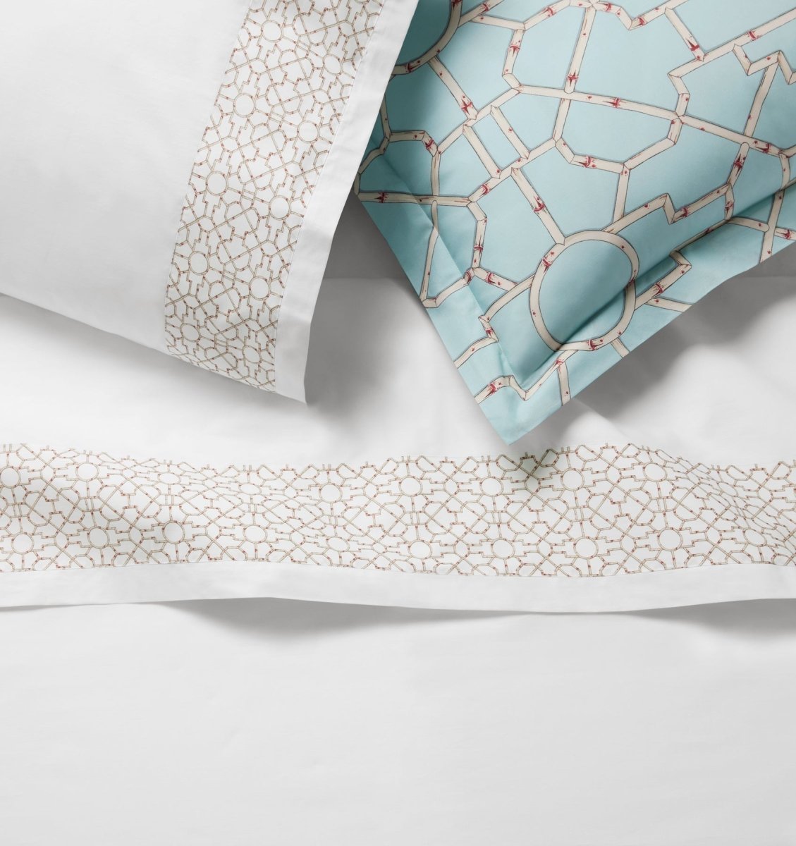Sferra Scalamandre Bedding -  Baldwin Bamboo Flat Sheet Cream Red Vignette at Fig Linens and Home