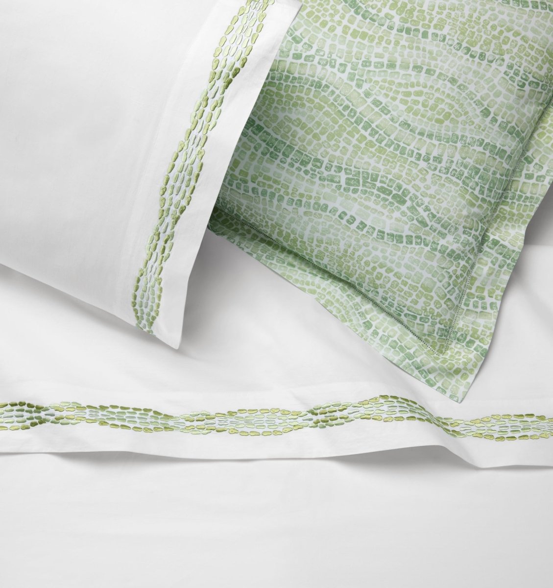 Cobblestones White and Green Bed Sheets by Sferra at Fig Linens and Home