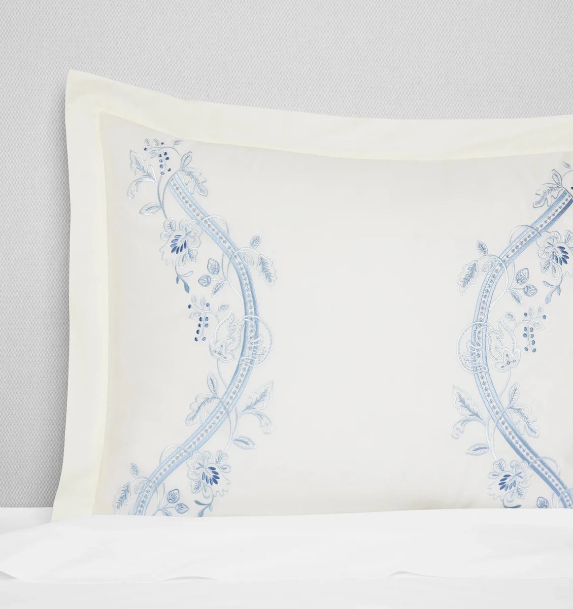 Isabella Embroidered Sham by Sferra x Scalamandre in Ivory/Sea at Fig Linens and Home - 2