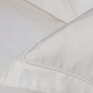 Detail of White Stitching on Pom Pom at Home Sheena White Bedding | Bamboo Sheets and Duvet Cover