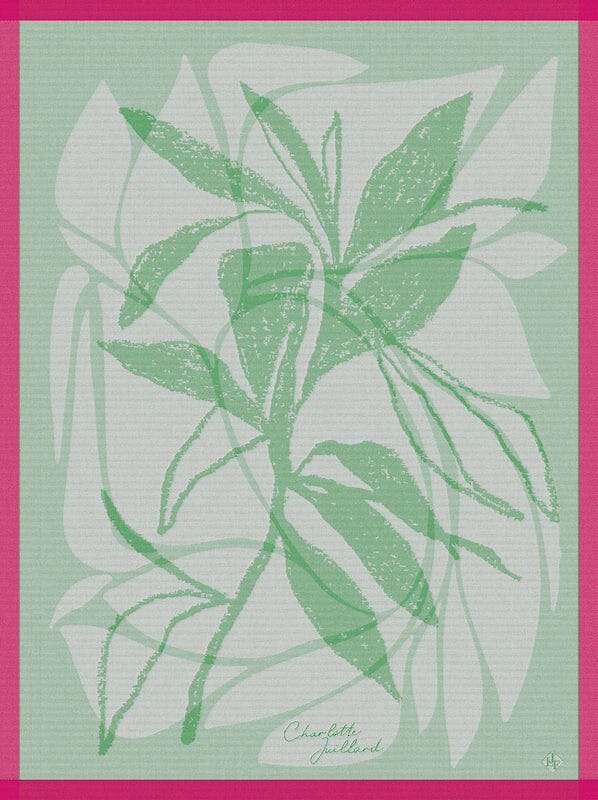 Octobre rose green tea towel by Le Jacquard Francais at Fig Linens and Home