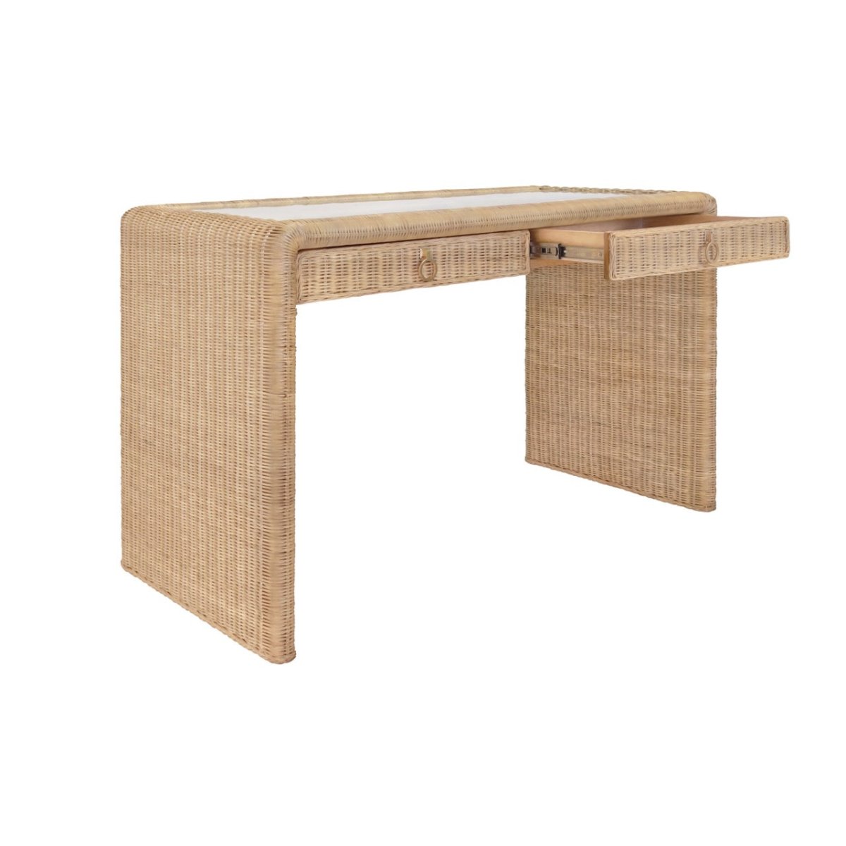 Rattan Desk | Worlds Away Adrien Table Angle Drawers Open View at Fig Linens and Home