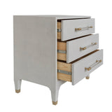 Worlds Away Amber Three Drawer Chest in Light Grey at Fig Linens and Home - Drawers Open View